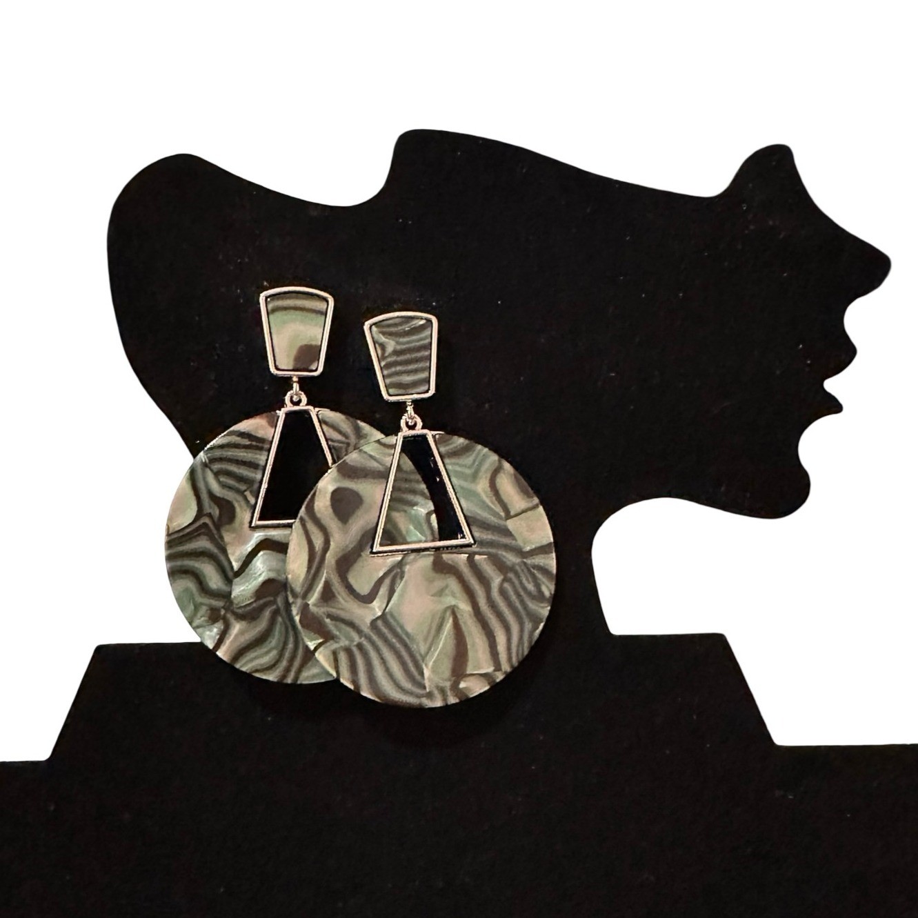 Geometric Statement Earrings Marbled Acrylic Discs Silver Tone Accent Triangle C