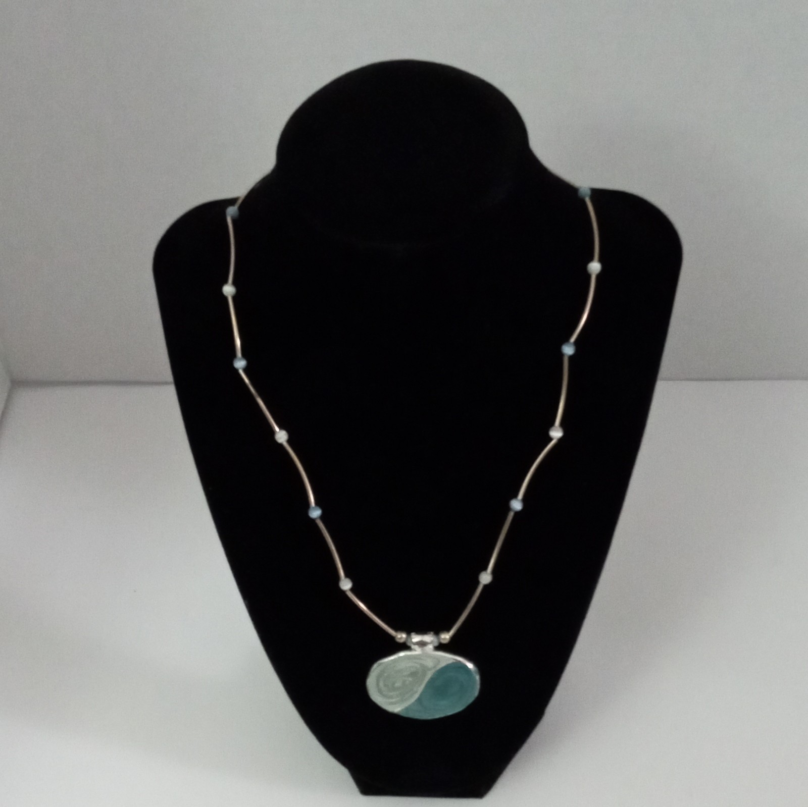 Silver Blue Oval Pendant Beaded Necklace Handmade Lobster Closure 15 1/2 in long