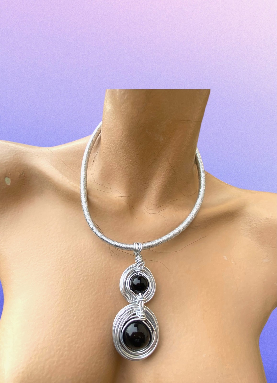 Wire Wrapped Metal Necklace Black Onyx Beads Statement Modern Art Necklace