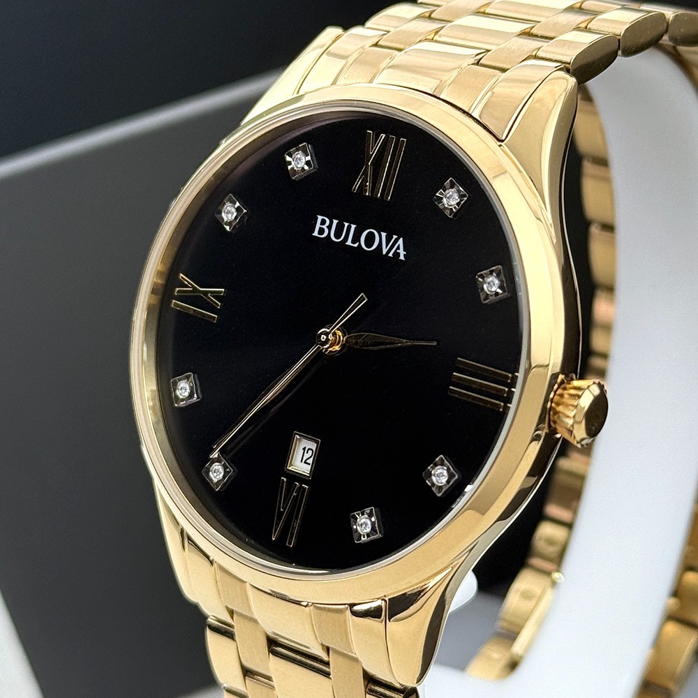Bulova Men’s Classic Diamond 97D108 Black Dial Gold Stainless Quartz Watch 40mm