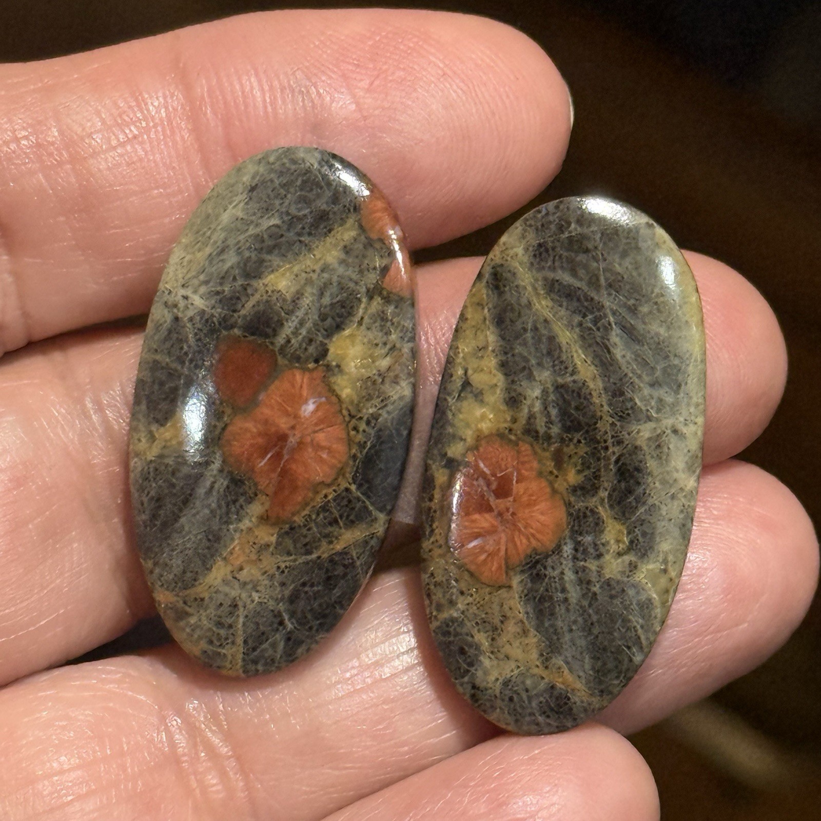 48ct 34.5×17.5×5.3mm Pair Peanut Obsidian Oval Cabochons Poppy Picture Stones