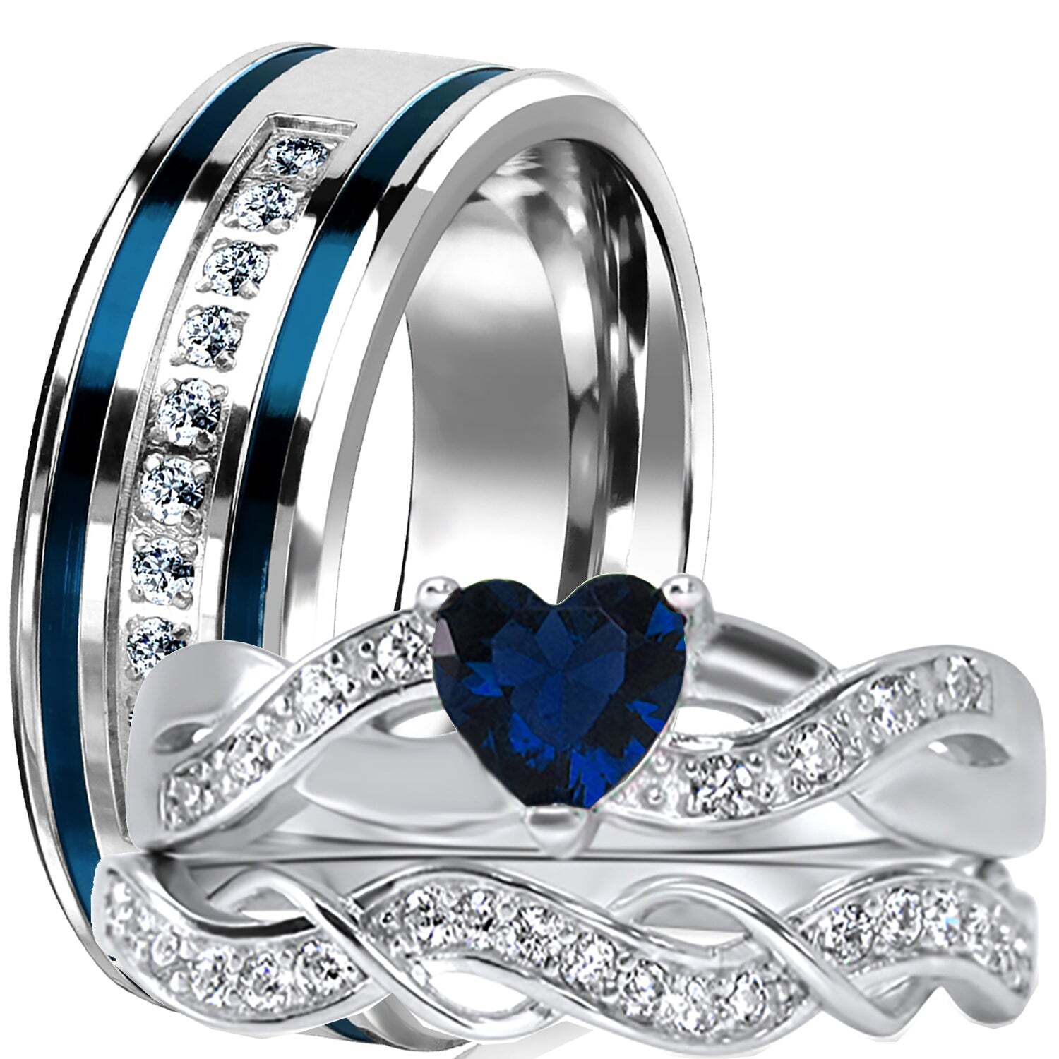 His and Her Simulated Sapphire Blue CZ Wedding Engagement Rings Set for Him Her