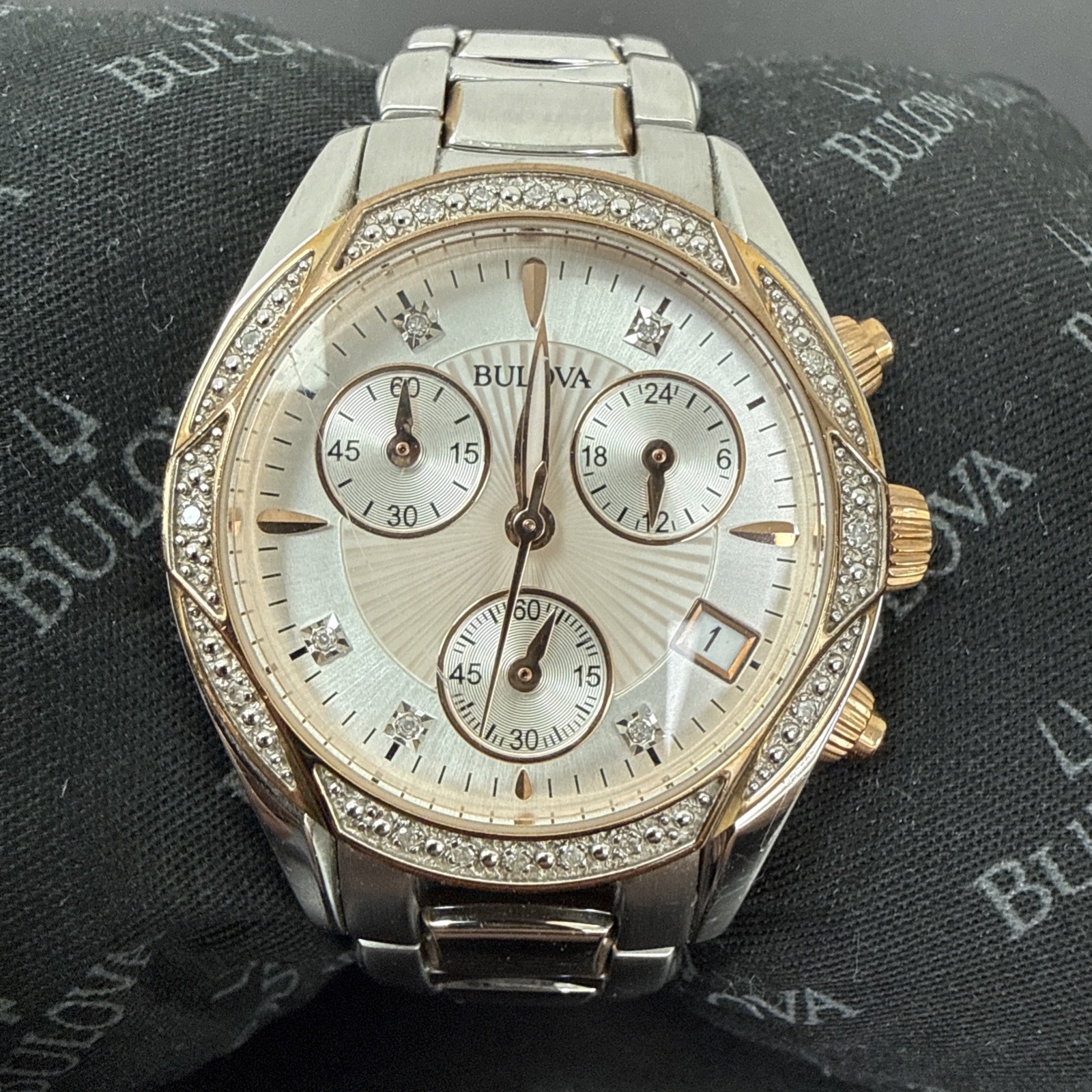 Bulova Diamond Chronograph Silver/Gold Tone Stainless Steel 98R149 NEEDS BATTERY