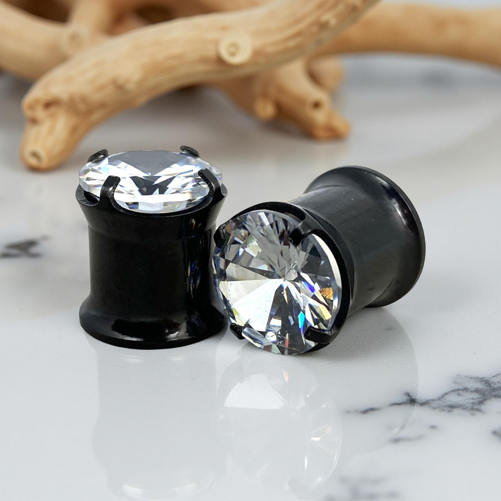 Pair 316L Black Steel Double Flare Plugs with Prong Set Clear CZ (PS-151) gauges
