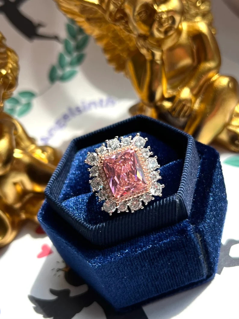 4.90Ct Cushion Cut Natural Pink Sapphire & Diamond 14K White Gold Wedding Ring