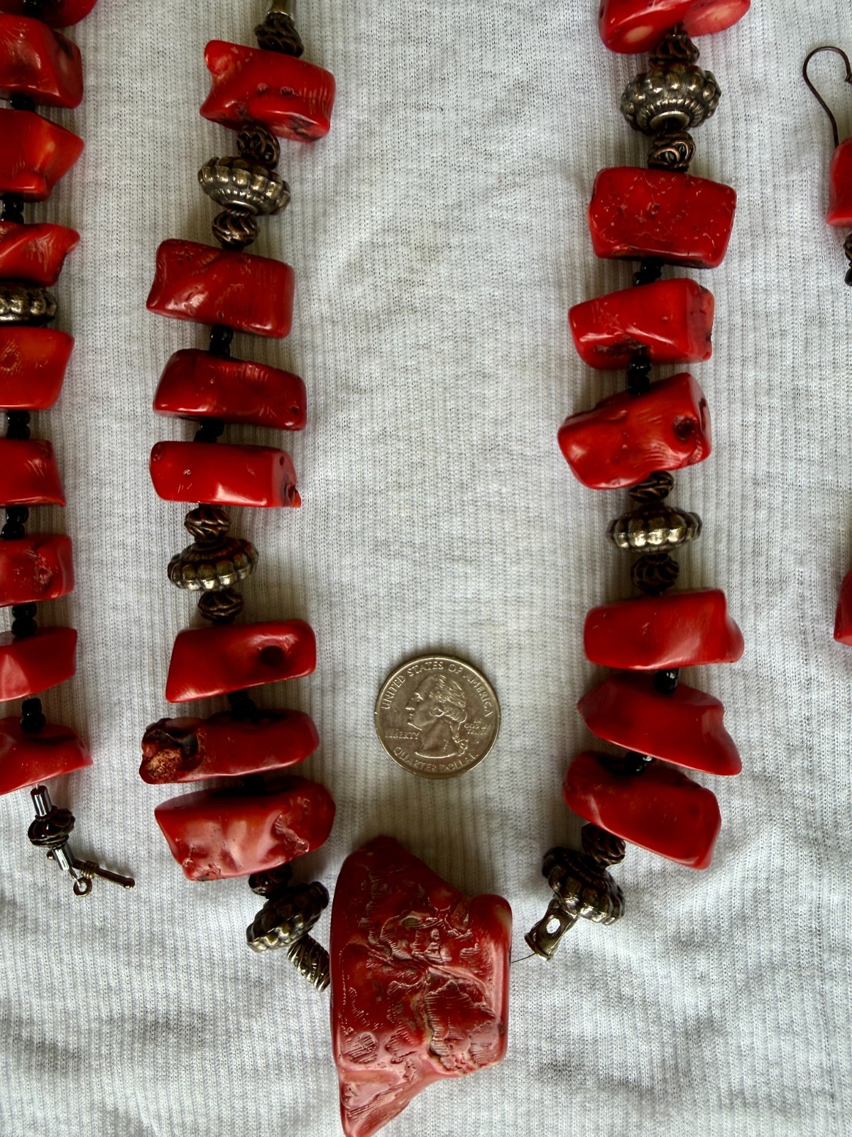Vintage Chunky Red Bamboo Coral Style Necklace, Bracelet & Earrings-Large Boho