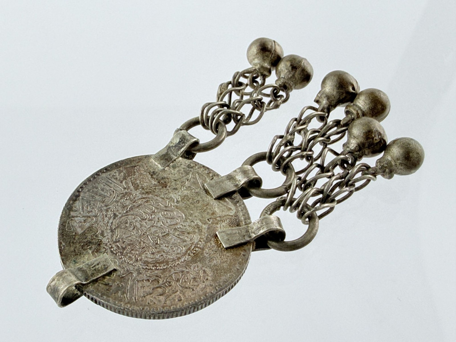 Vintage 1 Riyal Silver Coin with 6 Bell Tassels Pendant from Saudi Arabia 20g