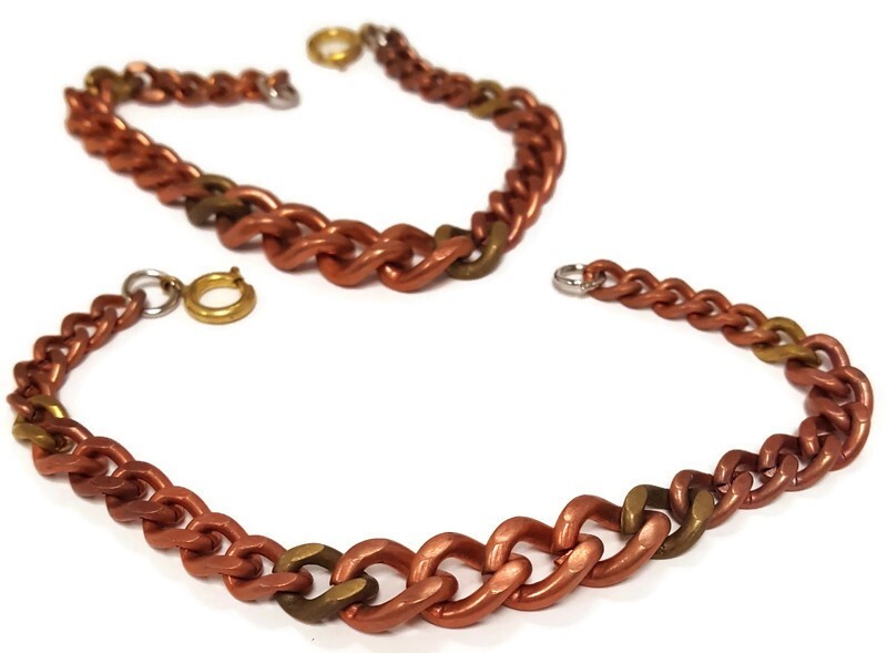 Vintage Copper Coated Steel & Brass Graduated Filed Curb Chain 8″ Bracelet M118