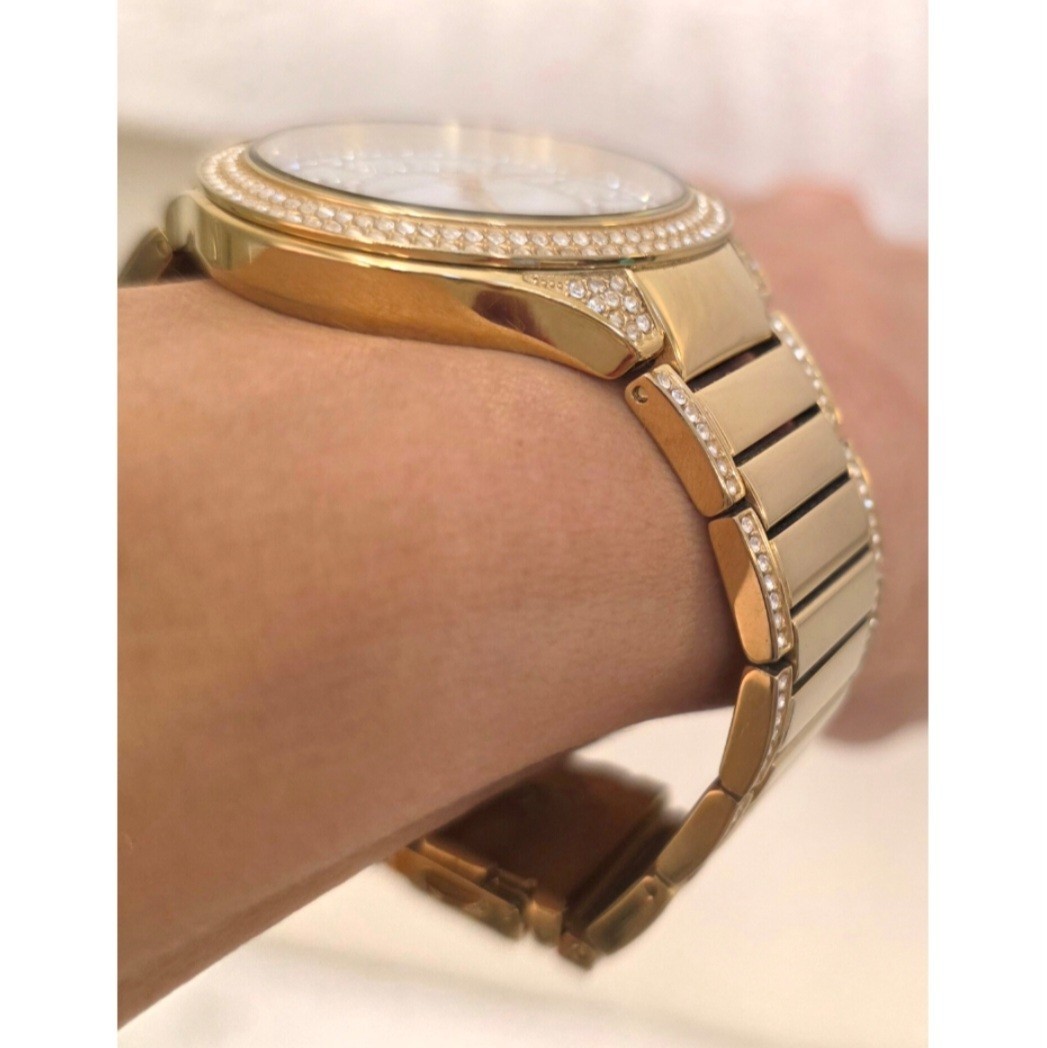 Michael Kors Gold Tone Crystal Pave Mother of Pearl MK Bracelet Watch