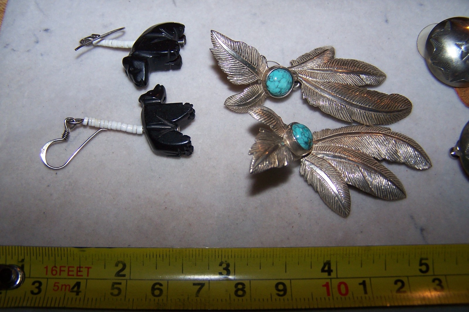 Southwestern Nickle Silver Stone Fetish Feather Squash Blossom Earrings Lot of 6