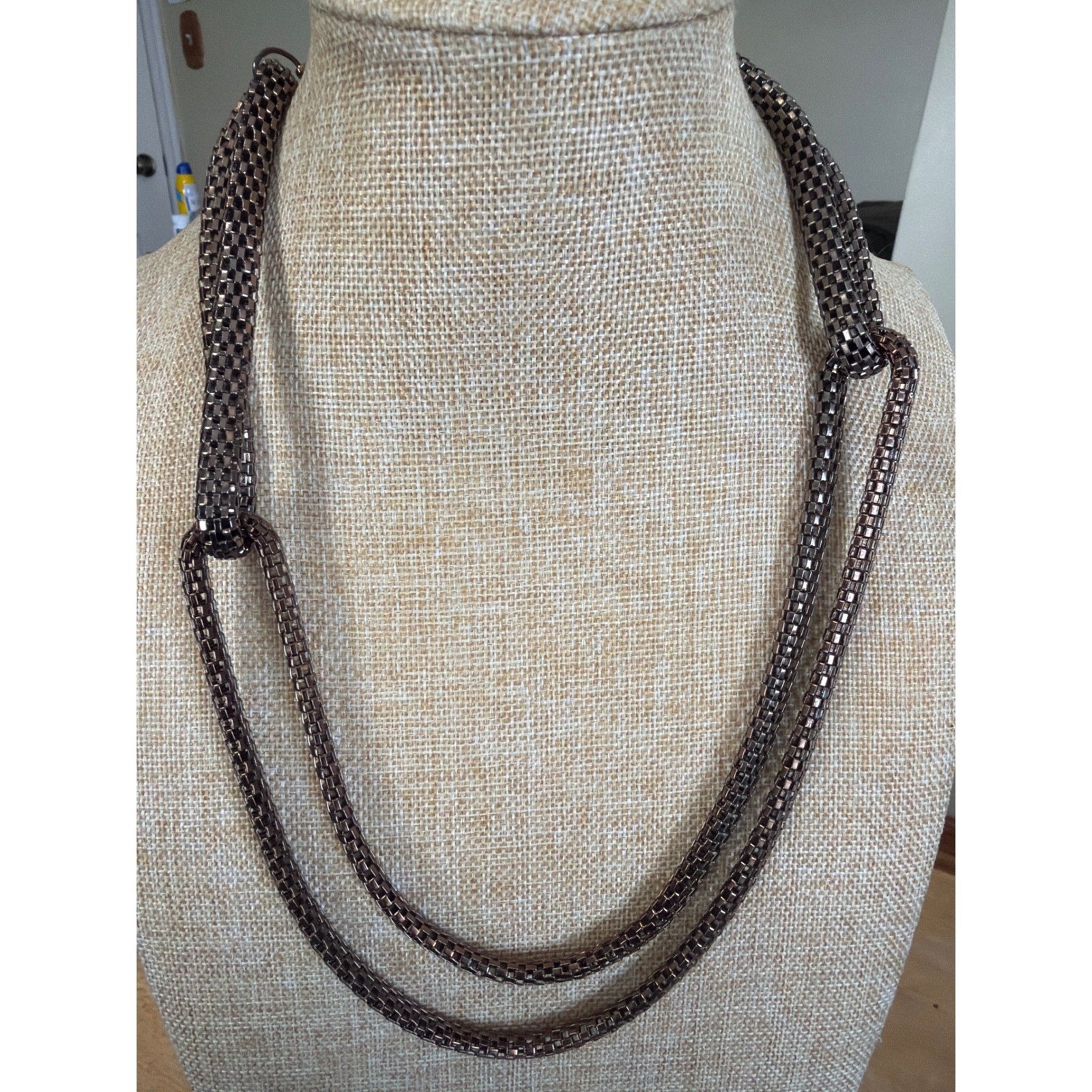 Gunmetal Mesh Double Strand Knotted Layered Statement Necklace Bronze Tone