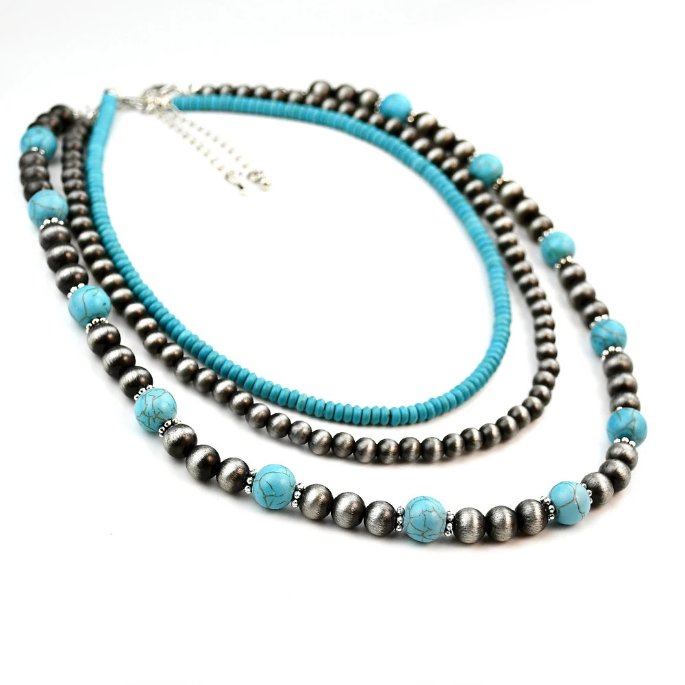 3Pcs Pearl Turquoise Beaded Necklace Set Boho Vintage Choker Women Jewelry