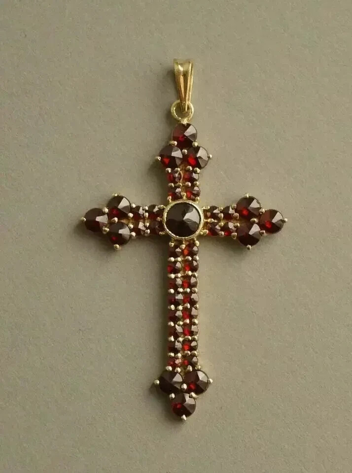 3Ct Round Cut Red Ruby Cross Beautiful Pendant 14K Yellow Gold Finish