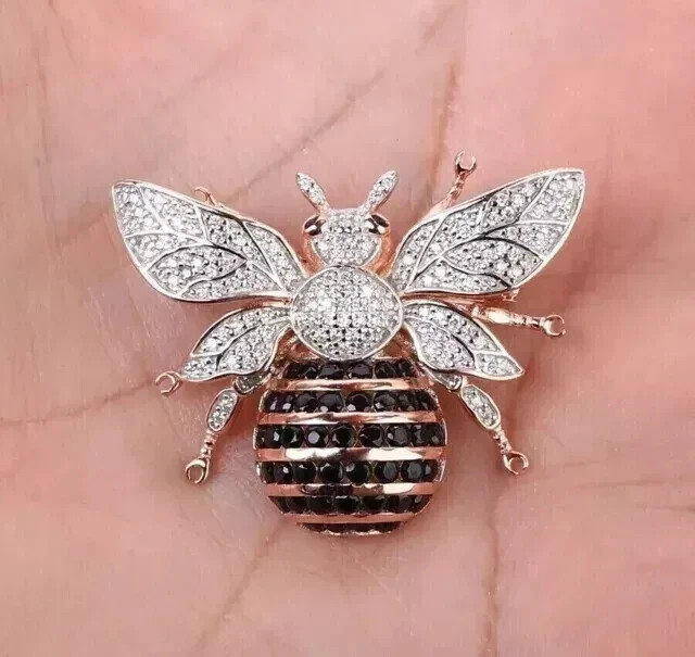 Honey Bee Brooch Pin 4CT Round Lab-Created Black Diamond 14K Rose Gold Plated