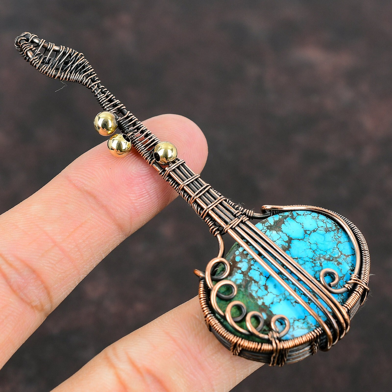 Tibetan Turquoise Copper Love Gift Wire Wrapped Guitar Pendant 3.58″