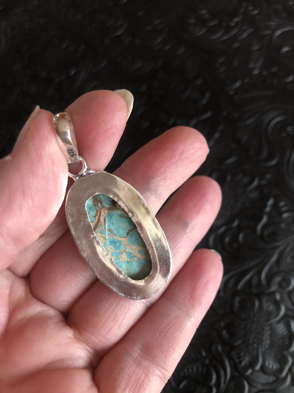 Blue with Brown Yellow Web Matrix Turquoise Pendant 2” Artisan
