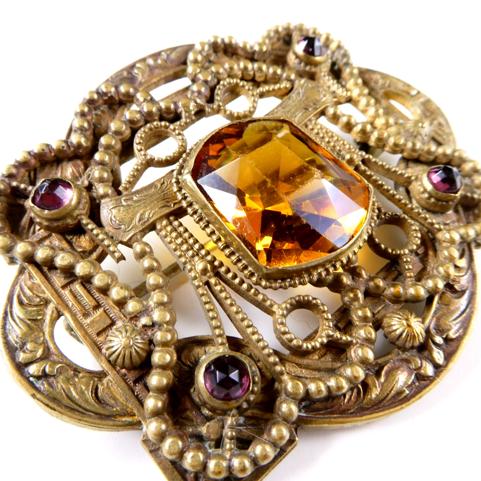 Vintage Czech Glass Filigree Brass Pin Brooch Faceted Orange Topaz Etruscan Rev