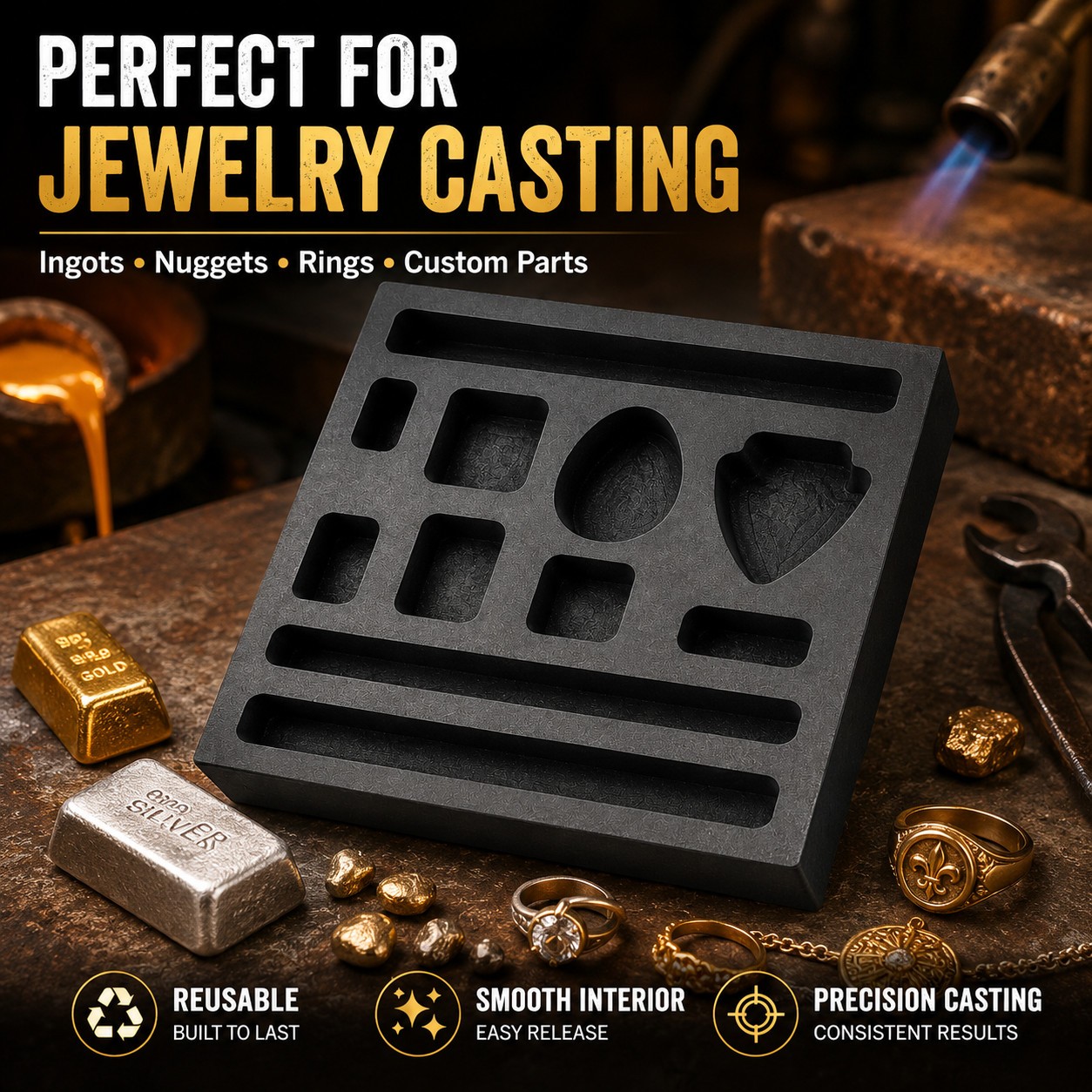 Graphite Casting Mold 4x4in Combo Block Gold Bar Round Coin Scrap Refining Tool