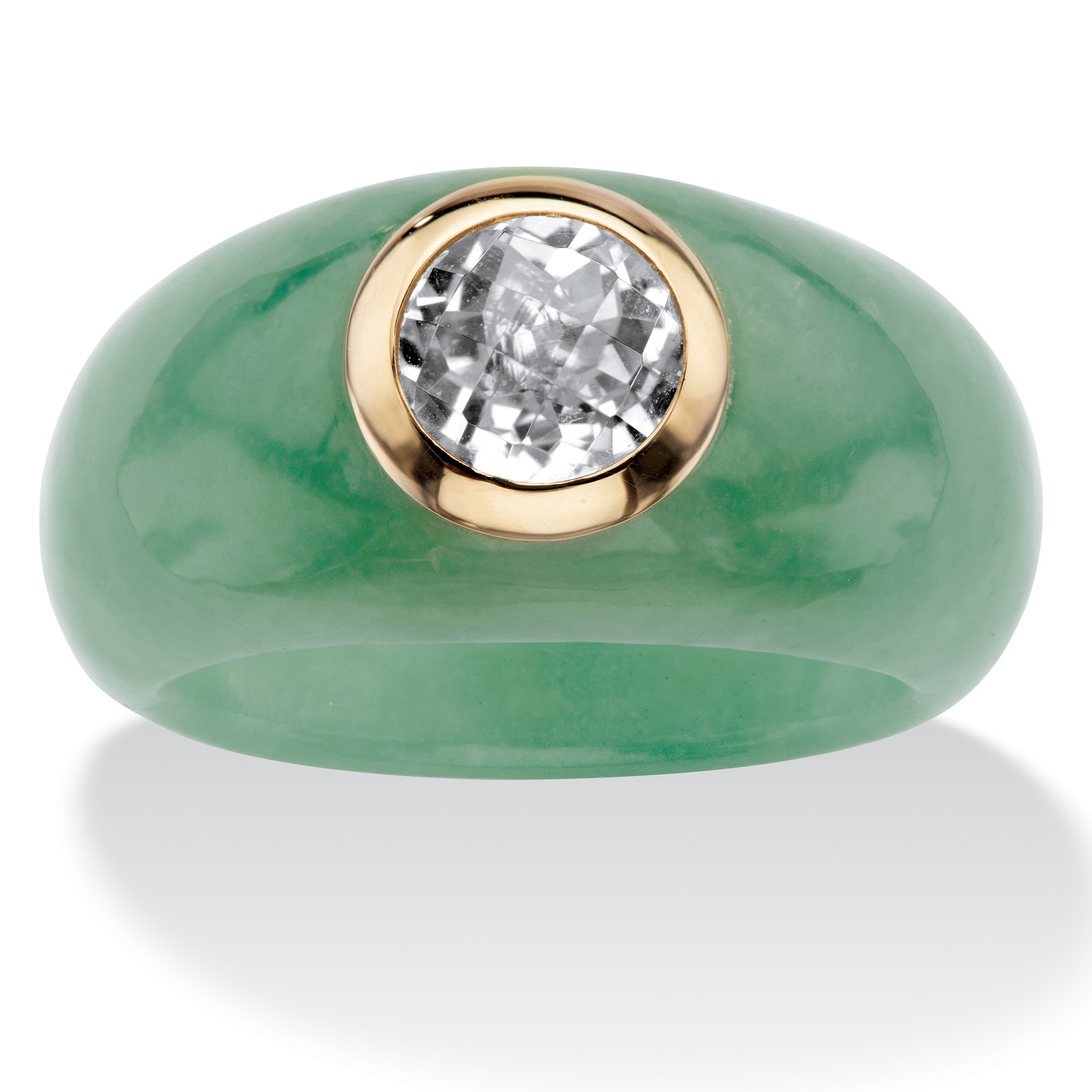 1.55 Cttw. Genuine Green Jade and White Topaz Solid 10k Yellow Gold Accent Ring