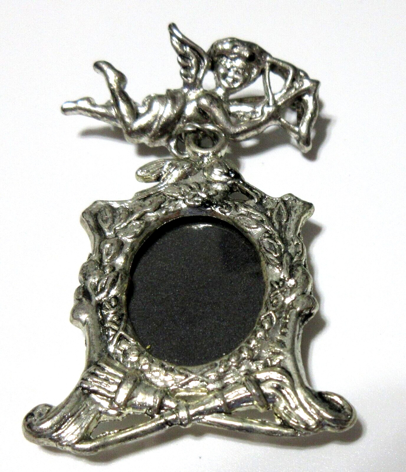 VTG DANECRAFT BIG WING ANGEL ARROW dangl PHOTO FRAME Brooch Pin blac Silver tone