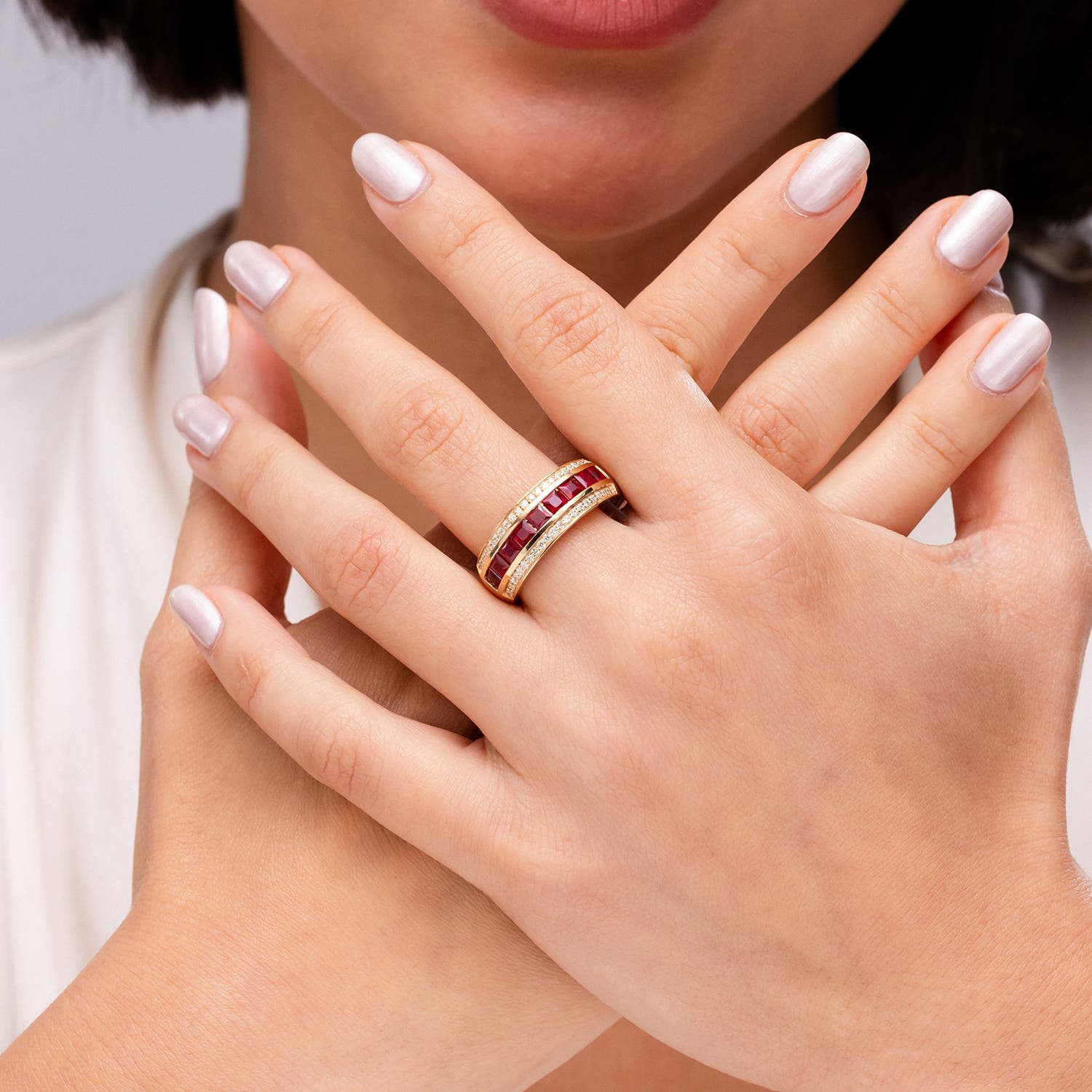 ANGARA Square Ruby and Diamond Half Eternity Band in 14K Gold (1.55 ctw, A)