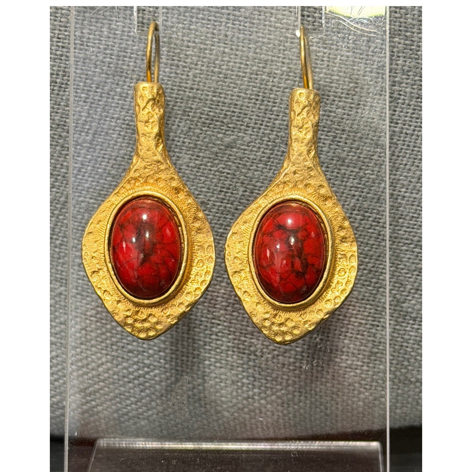 Robert Rose Hammered Gold Tone Marbled Red Cabochon Drop Earrings Womens