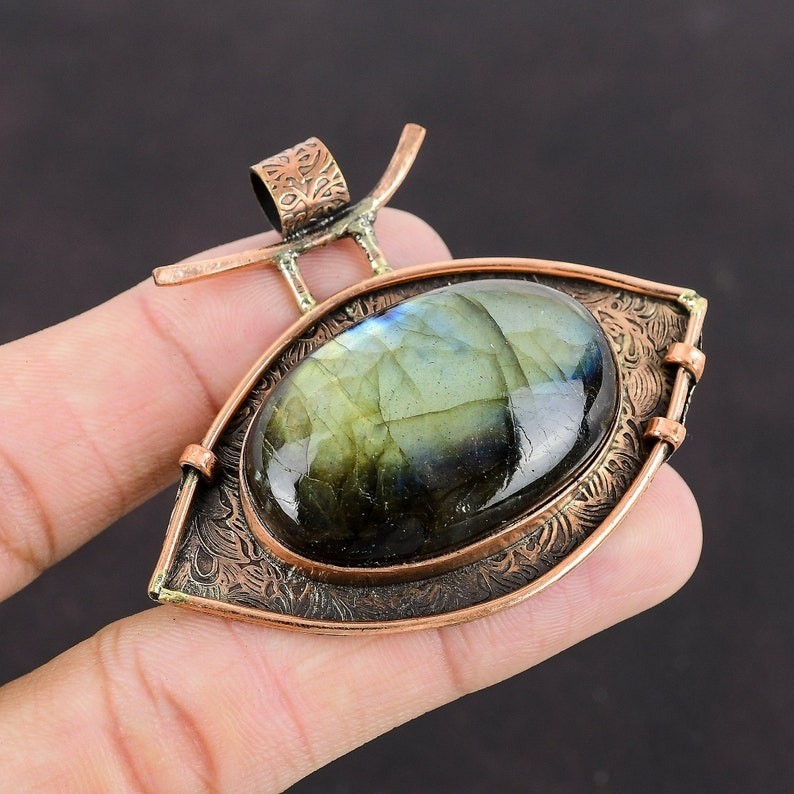 Handmade Labradorite Copper Pendant Oxidized Natural Gemstone Necklace
