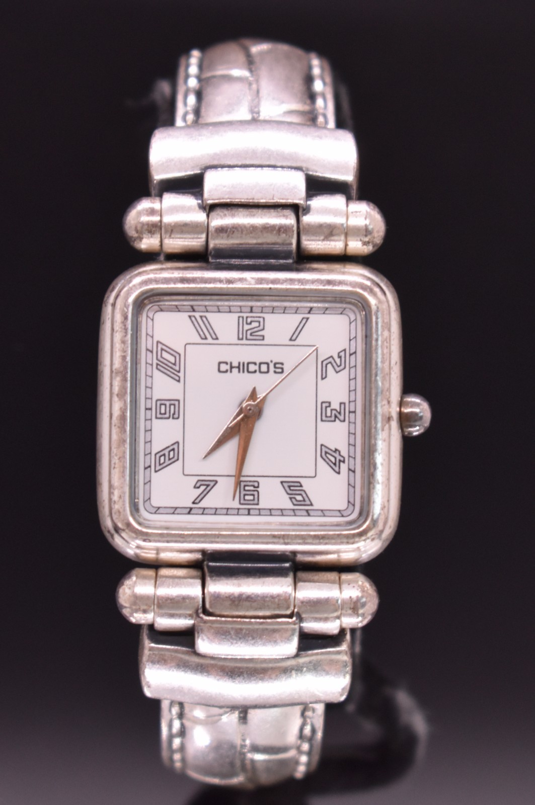 CHICO’S Silver Tone Square Dial Watch Women OX Cuff Bracelet Band NEW BATTERY