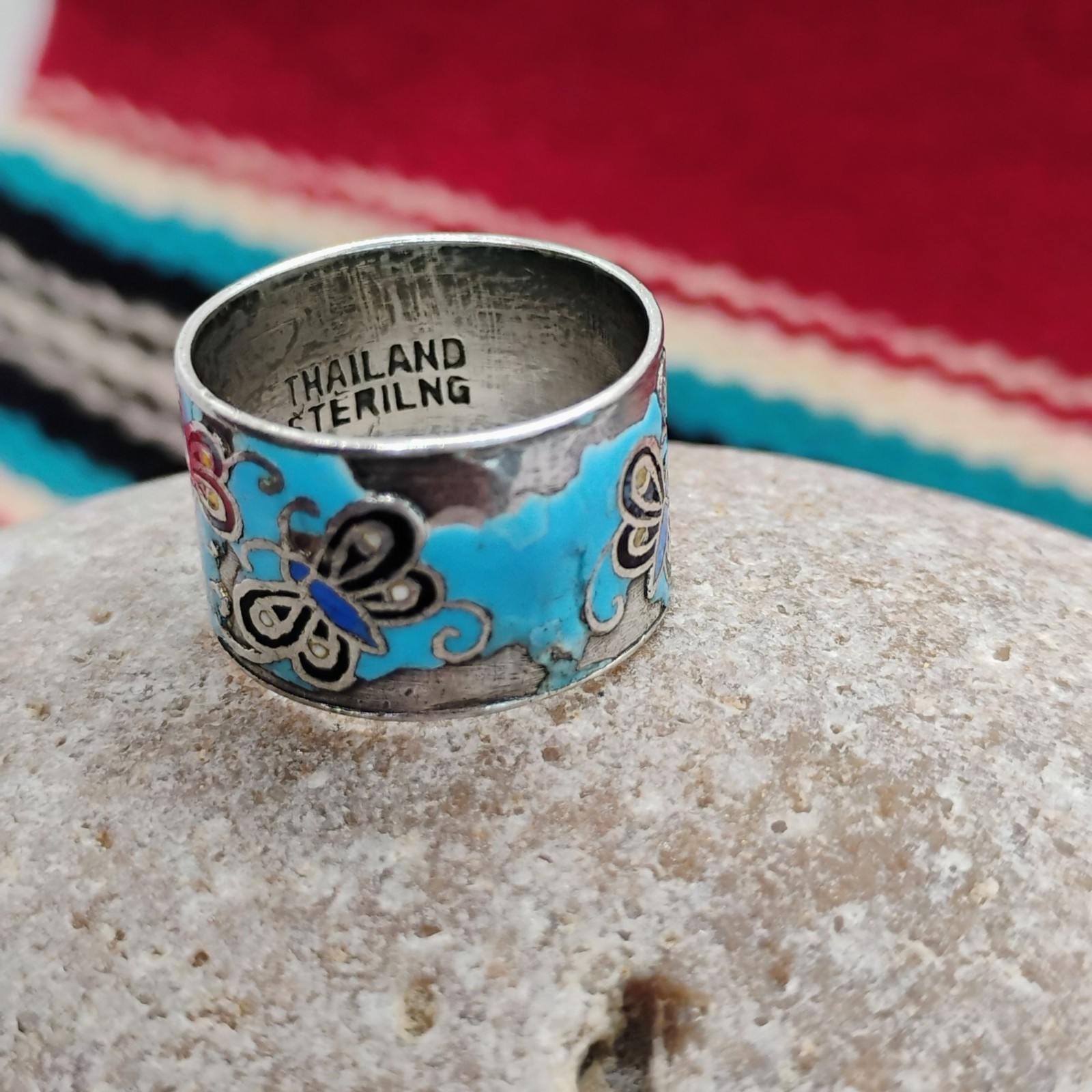 Vtg Butterfly Cloisonne Sterling Silver Wide Band Ring Size 7 Thailand – READ