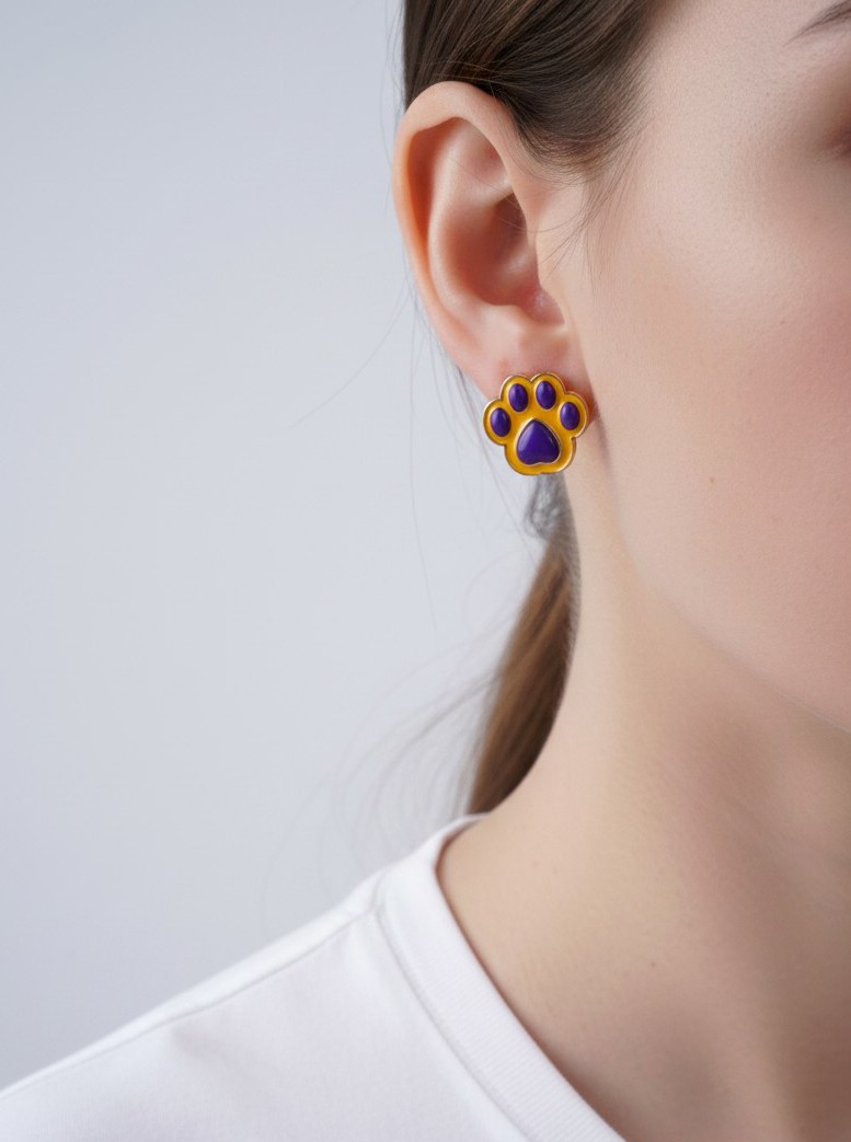 Paw Print Stud Earrings 0.8in, Rhinestone Enamel, Gameday Team Colors