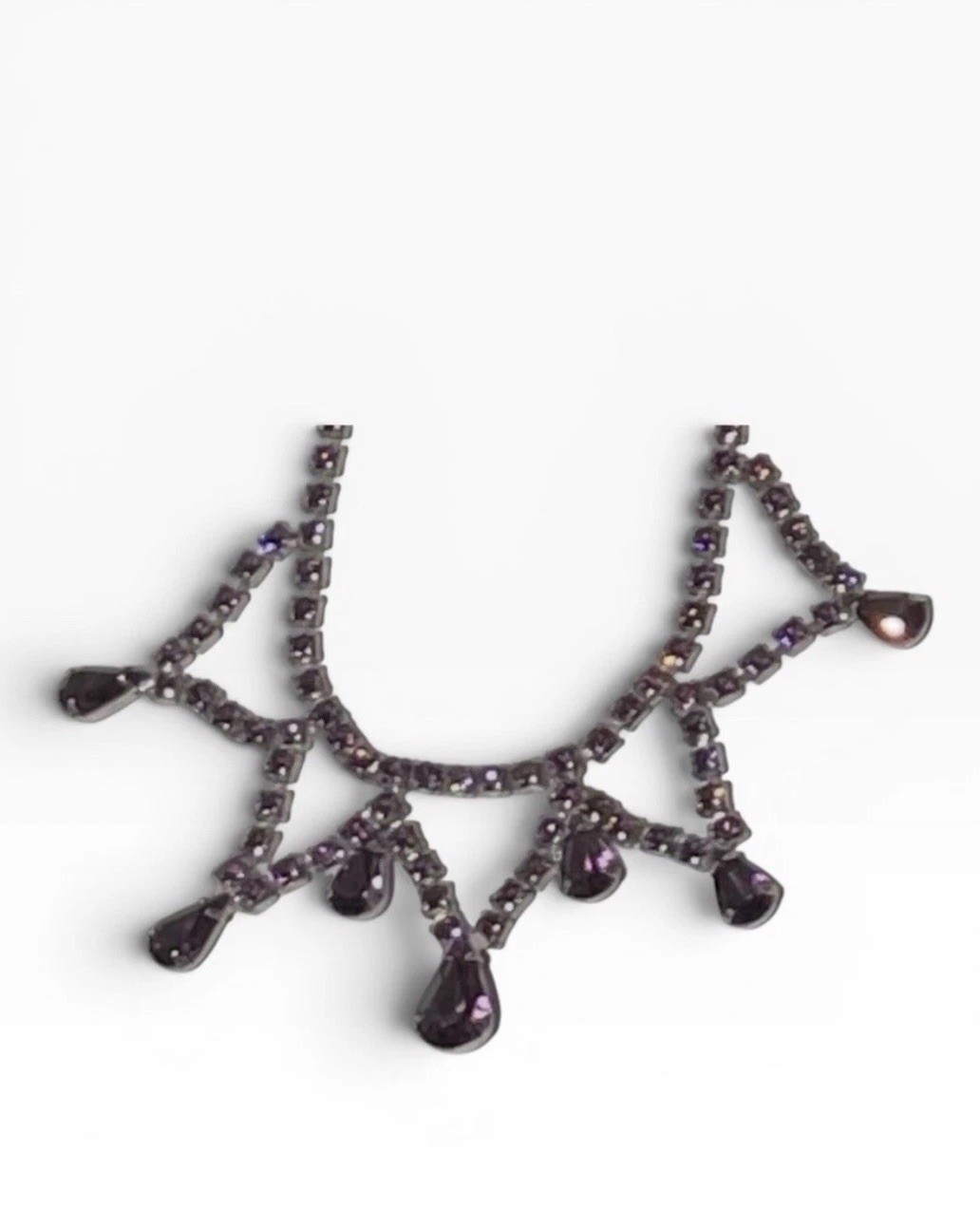 Vintage Purple Rhinestone Festoon Necklace Silver Tone Teardrop Dangle 16”