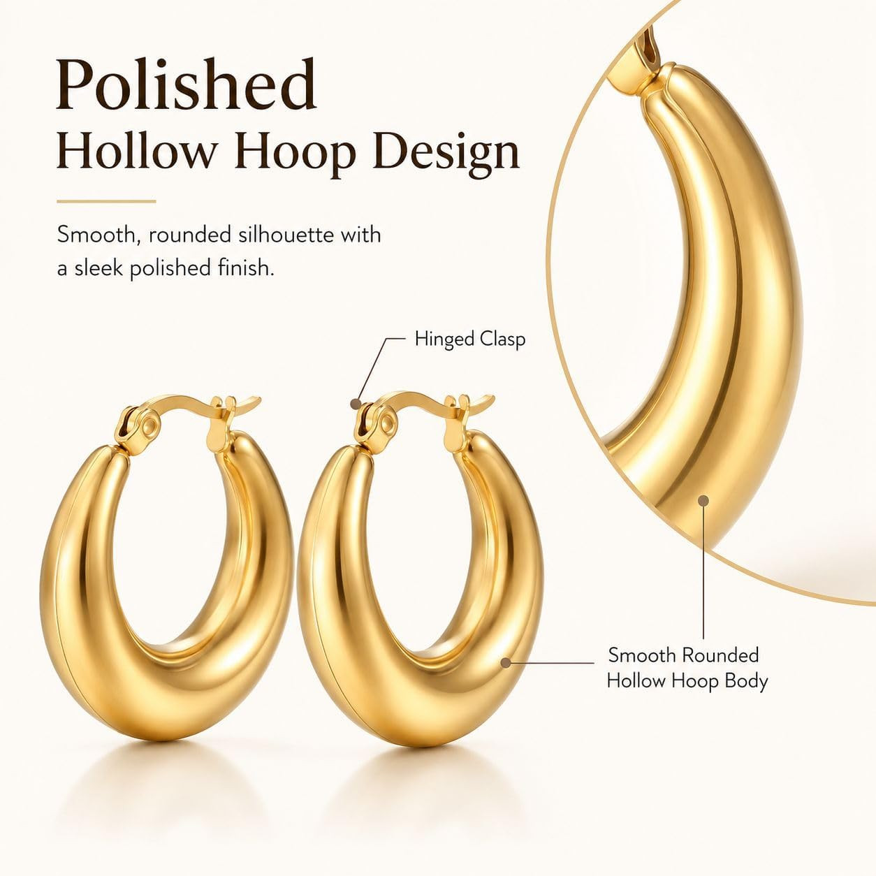 Gold Hoop Earrings for Women U Shaped 14K Gold Plated Stainless Steel Hoops Ligh