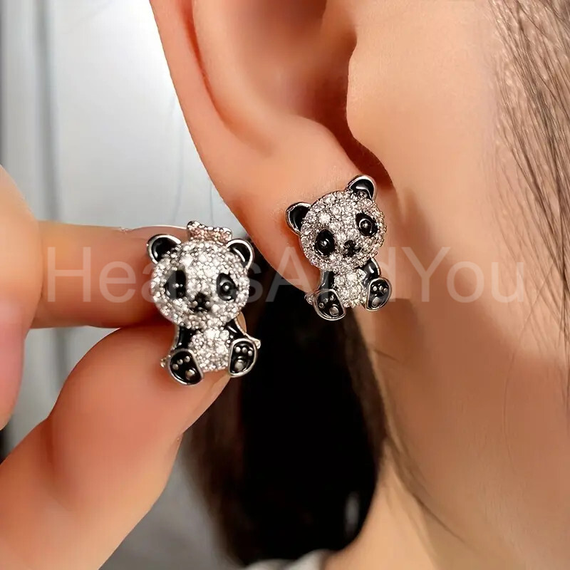 1ct Round Cut Moissanite Cute Panda Enamel Stud Earrings 14K White Gold Plated