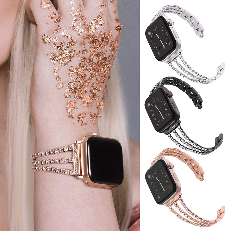 For Apple Watch Ultra 9 8 7 6 5 4 SE Bling Rhinestones Steel Band Bracelet Strap