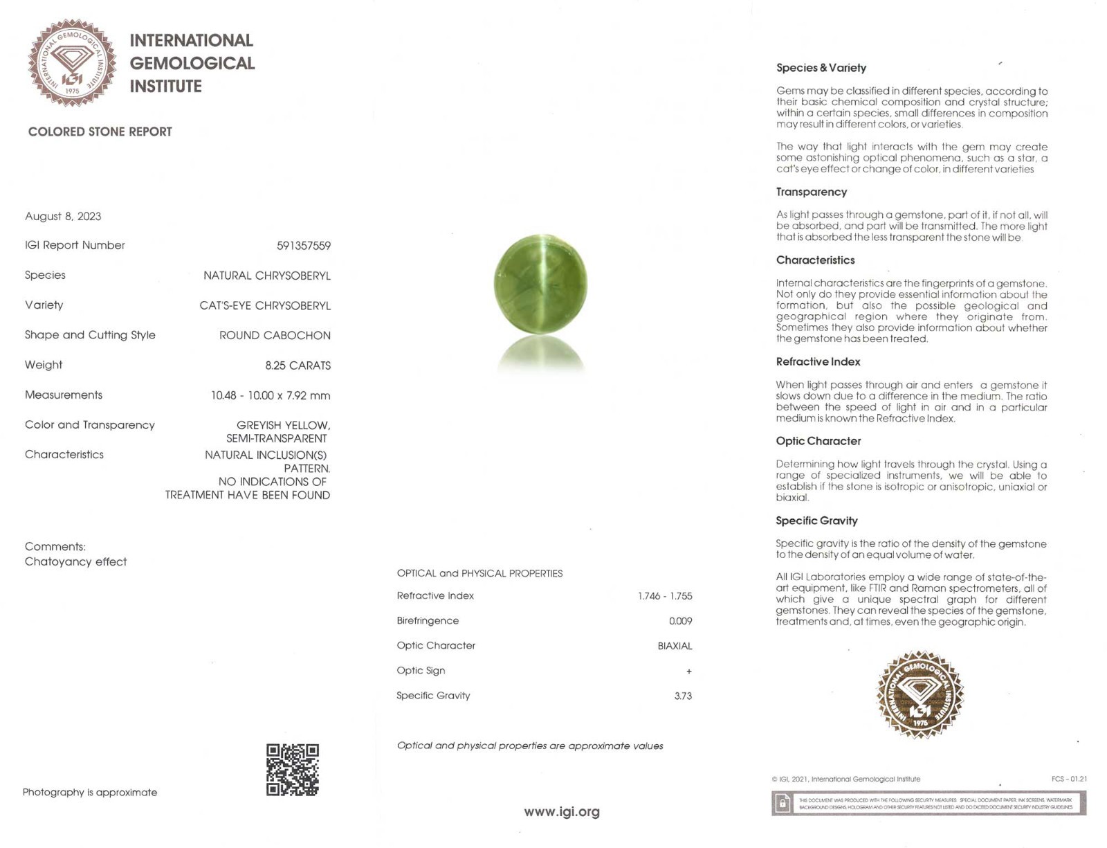 GRS & IGI Certified CEYLON Chrysoberyl Cat’s Eye 8.26 Ct. Natural Unheated HONEY