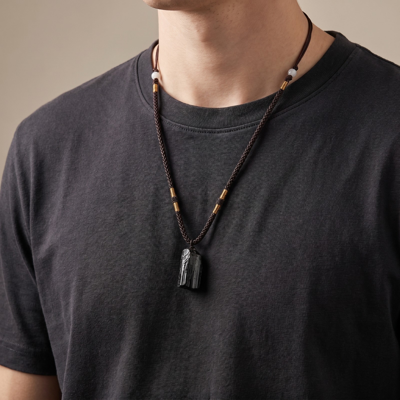 Natural Black Tourmaline Pendant Necklace Adjustable Protection Grounding Unisex