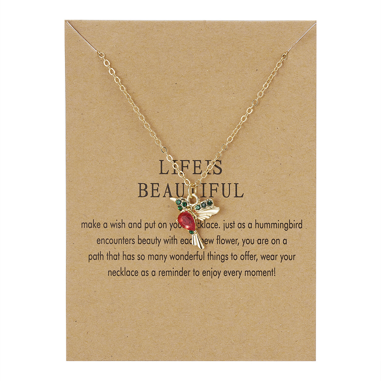 Colorful Red/Pink Crystal Hummingbird Charm Pendant Necklace w/ Chain Bird Theme