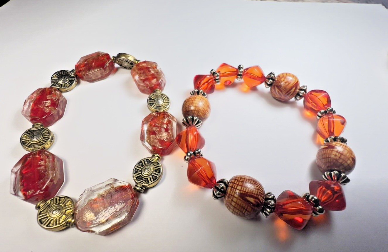 2 Matching Red and Orange Beaded Bracelets , Approx 6″ length