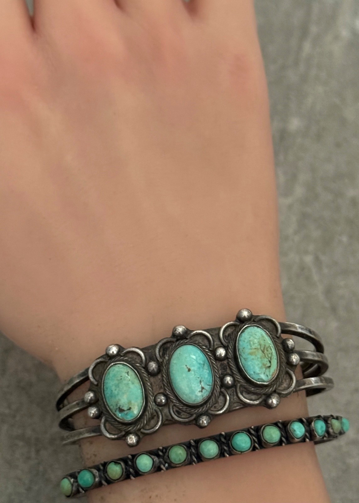 OLD Vintage Native American Navajo THREE Turquoise Silver Bracelet 6.3 in