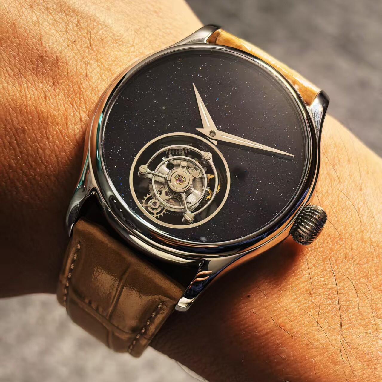 Merkur Men Tourbillon Watch Mechanical Wristwatch Black Sanding Dial Sapphire