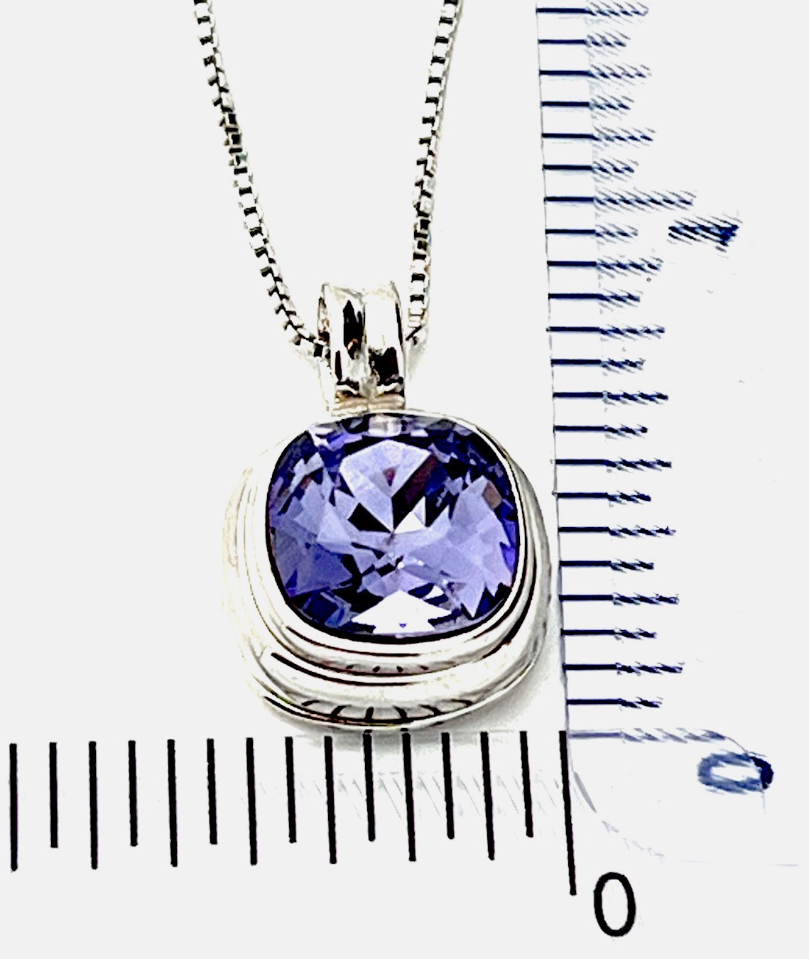 Sterling Silver 925 6.7 Gram Bezel Set Pillow Cut Tanzanite CZ  Necklace 18”