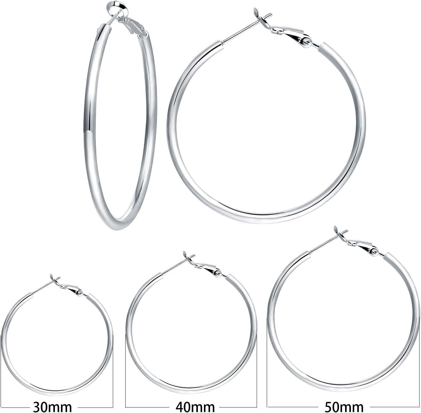 3 Pairs Sterling Silver Hoop Earrings, 14K White Gold Plated Big Hoop Earrings S