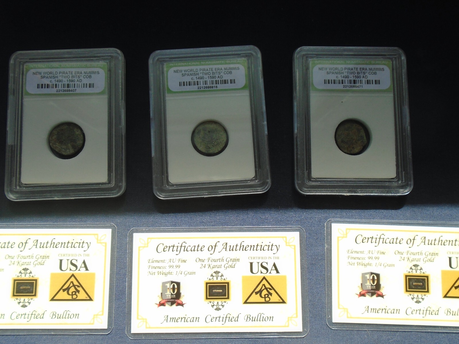 ☆ 3 PC.LOT-CERTIFIED PIRATE COIN – GOLD AND SILVER BAR CARDS-ESTATE SALE☆