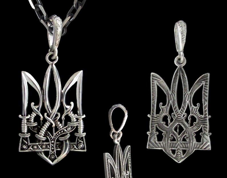 Ukrainian Oxidized 925 Silver, Trident Тризуб Pendant, 6 Sable Design, Sichovyk