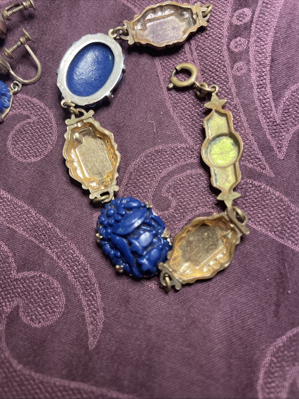 Antique Art Deco Blue Molded Glass Bracelet Screw Earrings Egypt Gold Tone Set
