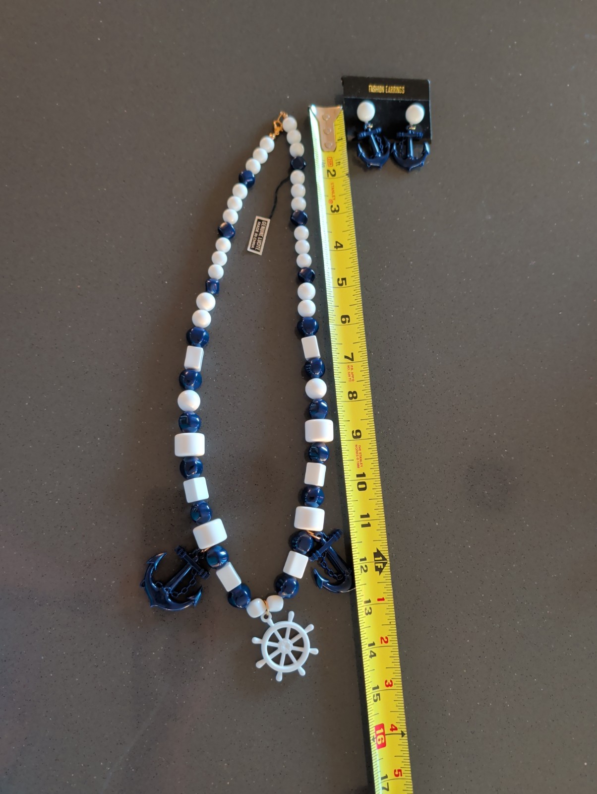 NOS Vintage GenuineLucite Necklace & Earrings Set Nautical Anchor Blue White S5