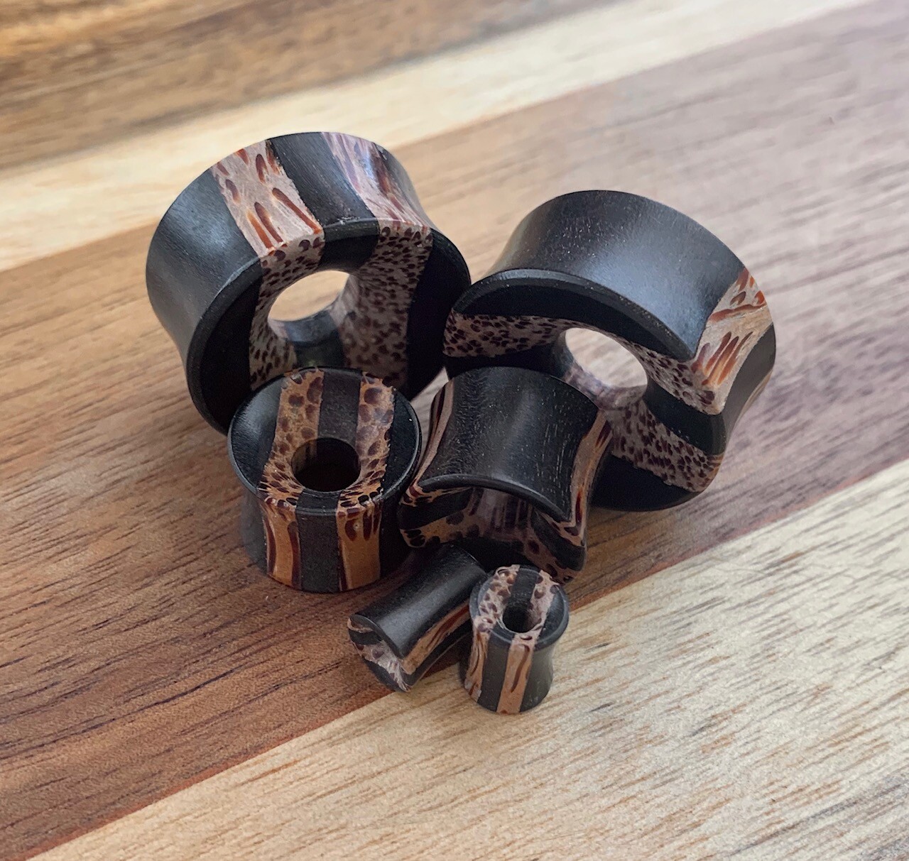 PAIR Coconut & Areng Wood Striped Tunnels Plugs Organic Gauges Body Jewelry