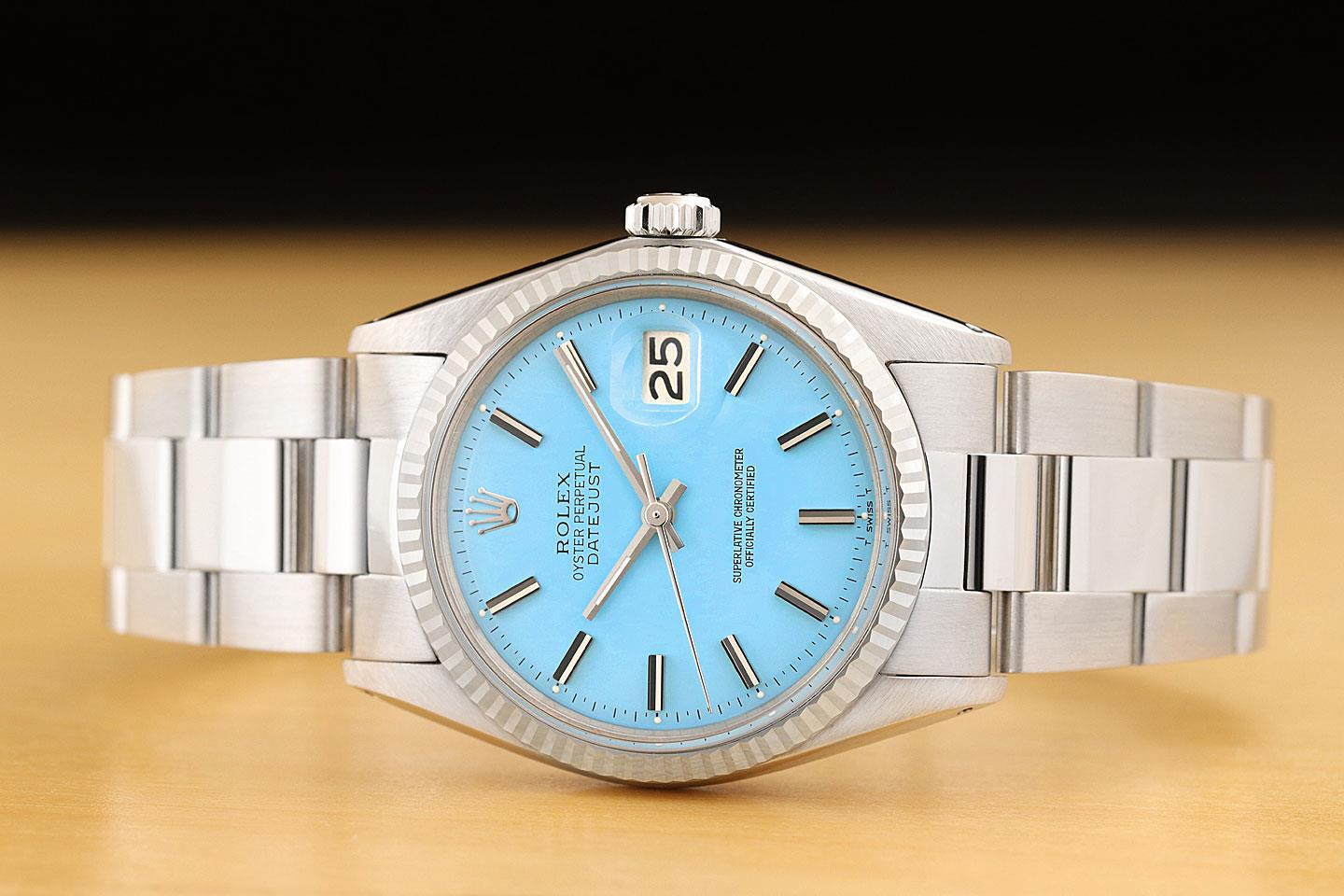 ROLEX MENS DATEJUST 18K WHITE GOLD STAINLESS STEEL AQUA BLUE OYSTER WATCH
