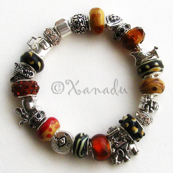 Black Brown Taupe Night Safari European Charm Bracelet – Elephant Monkey Cheetah