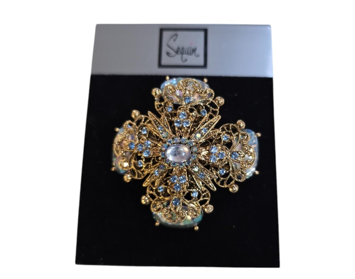 Sequin Women’s Statement Brooch Antique Gold Blue NWT MSRP $42